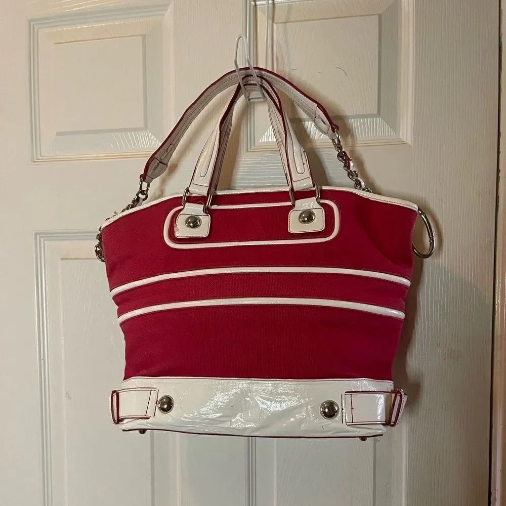 Rampage Red canvas and beige trims tote with silver tone hardwares
